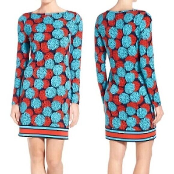 MICHAEL MICHAEL KORS MK McKenna Dress Blue Red Sea Coral Geo Preppy Long Sleeve - Picture 1 of 13